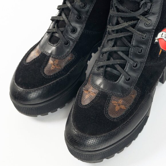 Louis Vuitton Laureate Black Suede & Monogram Canvas Patch-Applique Boots - Picture 6 of 12